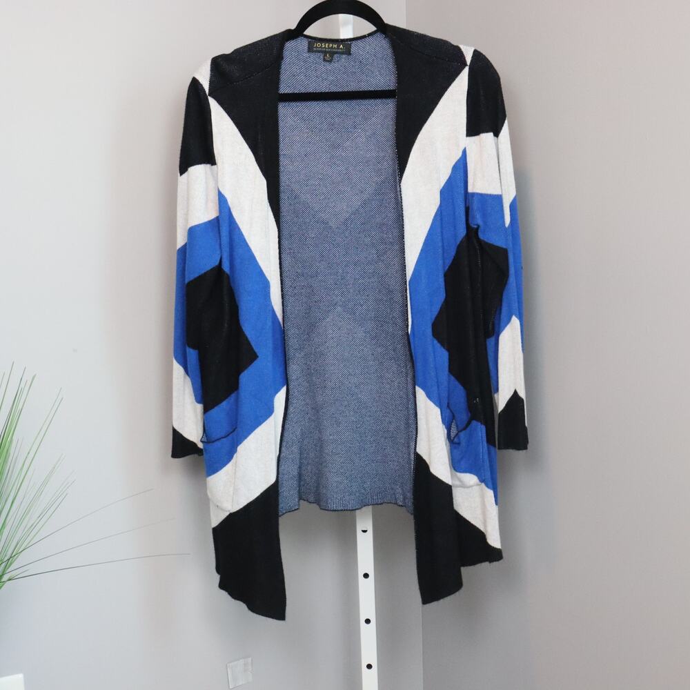 Joseph A. Geometric Cardigan Large Blue Womens Open Front Lightweight Sweater